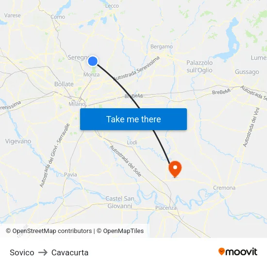 Sovico to Cavacurta map