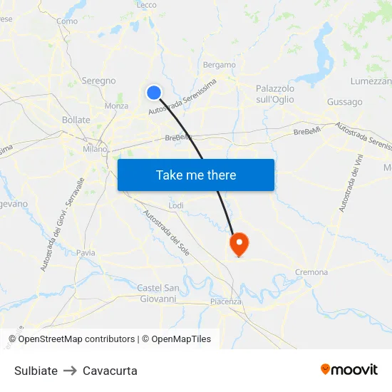 Sulbiate to Cavacurta map