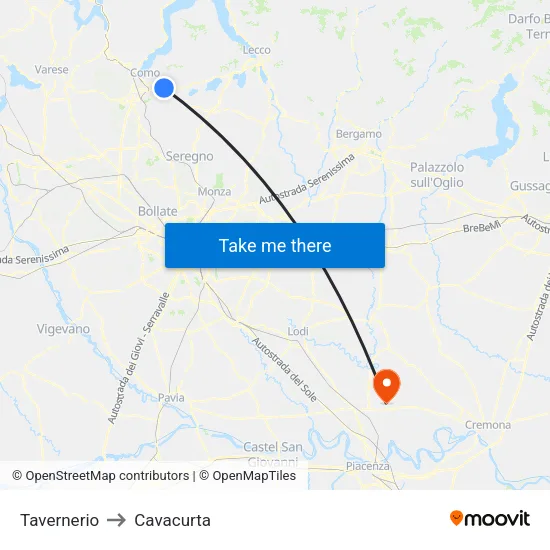 Tavernerio to Cavacurta map