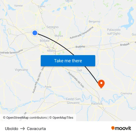 Uboldo to Cavacurta map