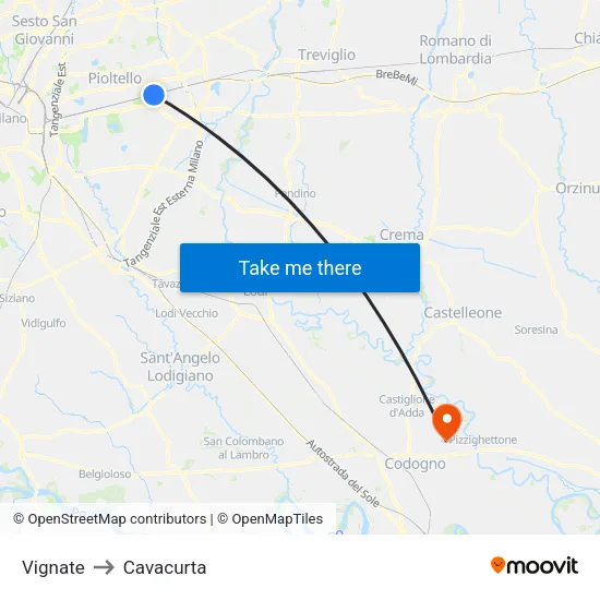 Vignate to Cavacurta map