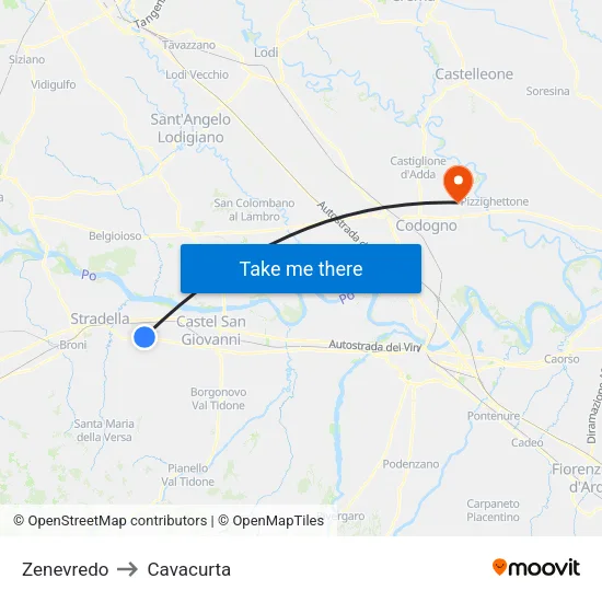Zenevredo to Cavacurta map