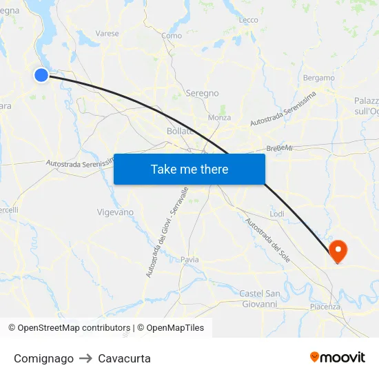 Comignago to Cavacurta map