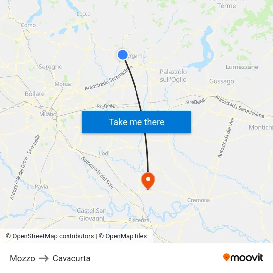 Mozzo to Cavacurta map