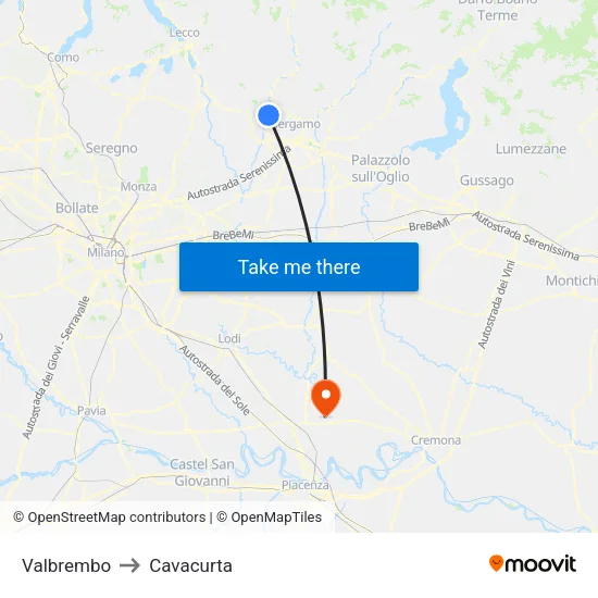Valbrembo to Cavacurta map