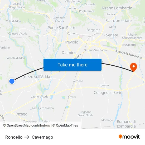 Roncello to Cavernago map