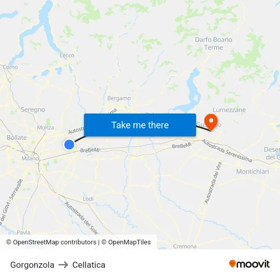 Gorgonzola to Cellatica map