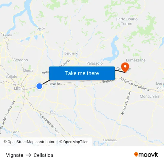 Vignate to Cellatica map