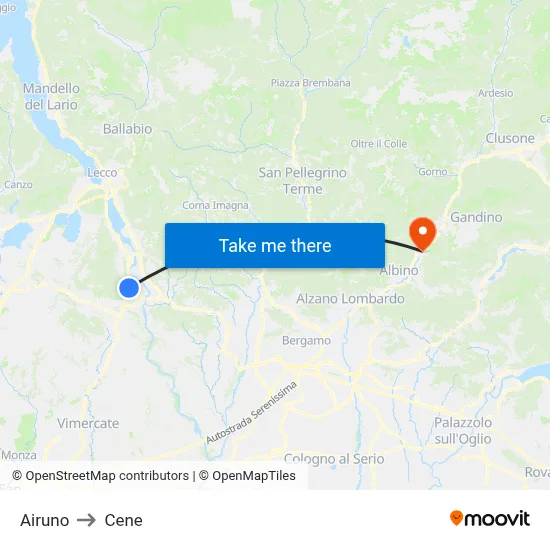 Airuno to Cene map