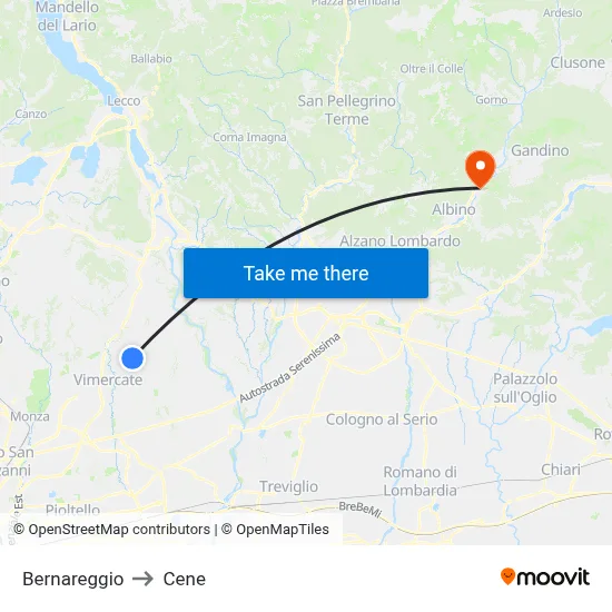 Bernareggio to Cene map