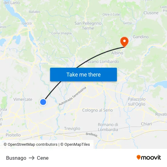 Busnago to Cene map