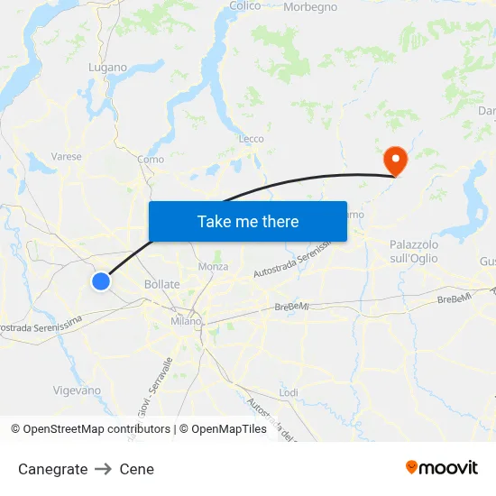 Canegrate to Cene map