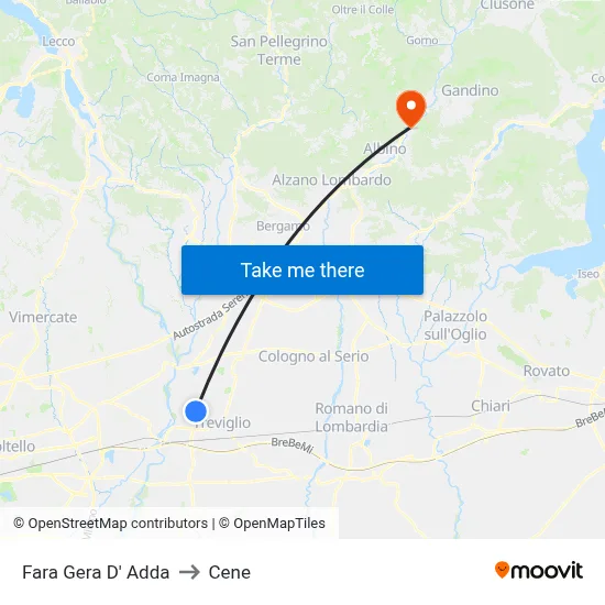 Fara Gera D' Adda to Cene map