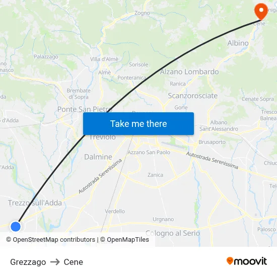 Grezzago to Cene map