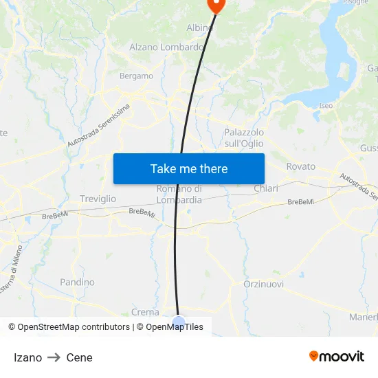 Izano to Cene map