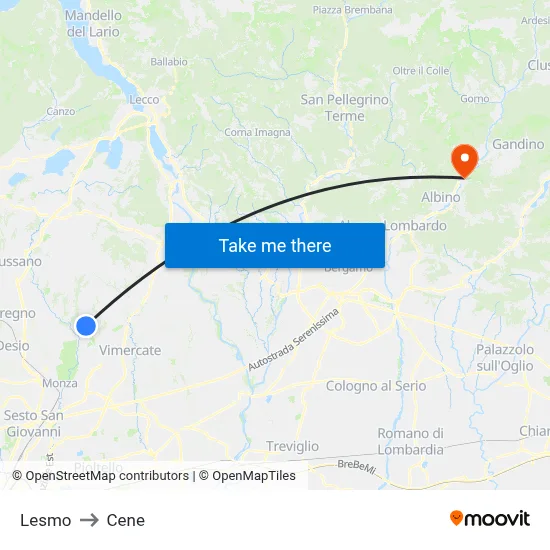 Lesmo to Cene map