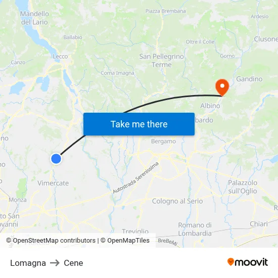 Lomagna to Cene map