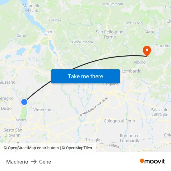 Macherio to Cene map