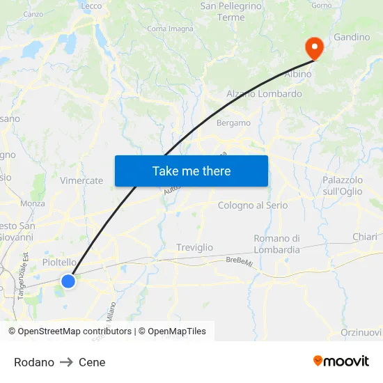 Rodano to Cene map
