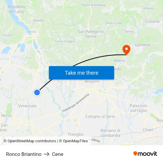Ronco Briantino to Cene map