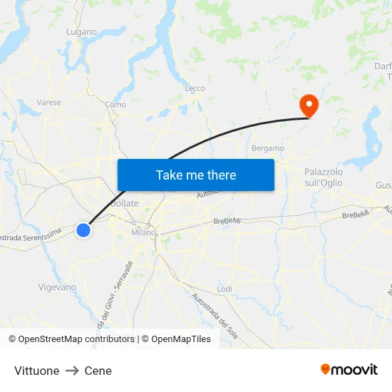 Vittuone to Cene map
