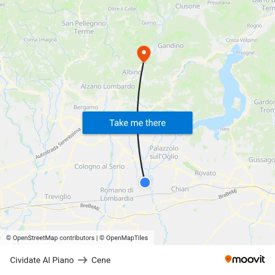 Cividate Al Piano to Cene map