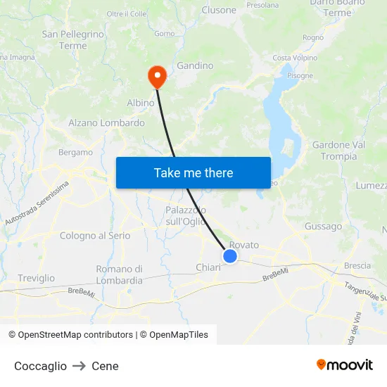 Coccaglio to Cene map