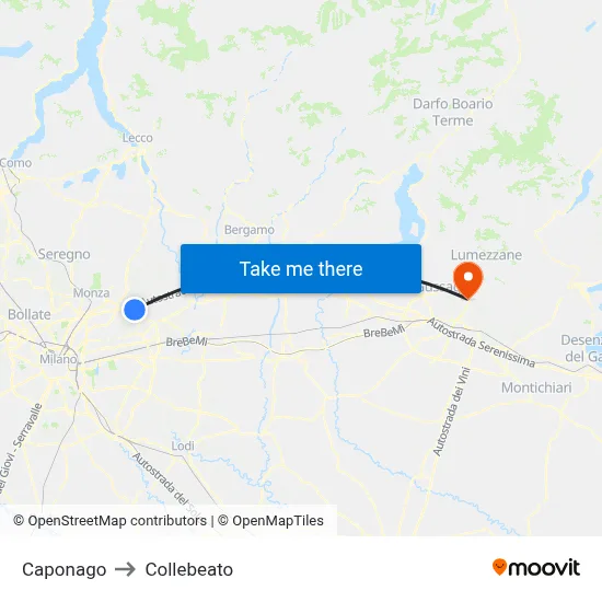 Caponago to Collebeato map