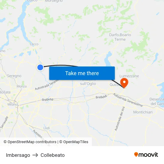 Imbersago to Collebeato map