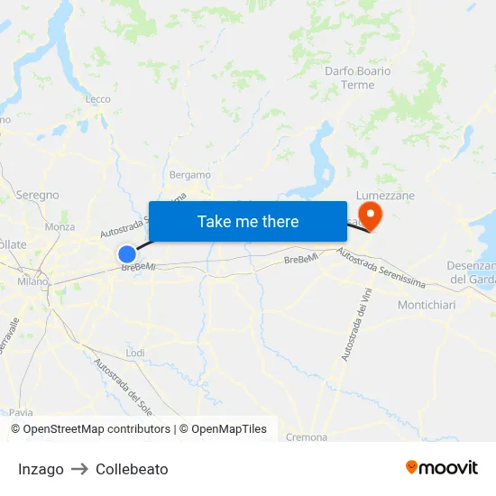 Inzago to Collebeato map