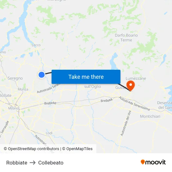 Robbiate to Collebeato map