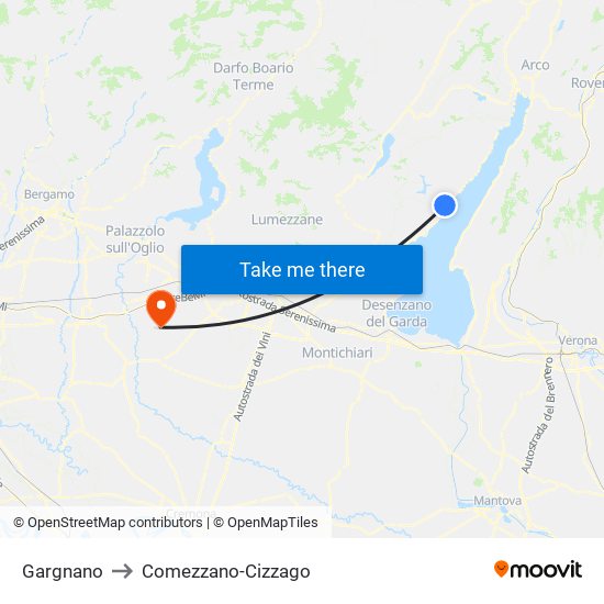 Gargnano to Comezzano-Cizzago map