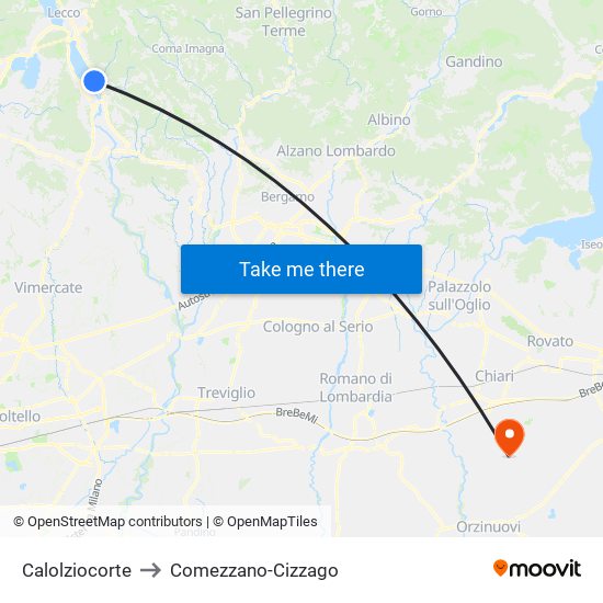 Calolziocorte to Comezzano-Cizzago map