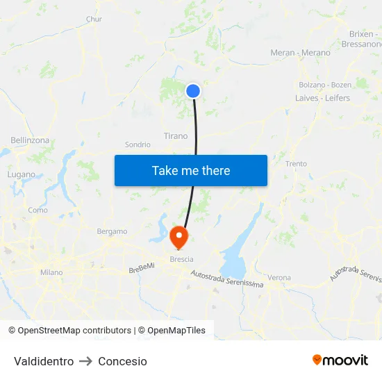 Valdidentro to Concesio map