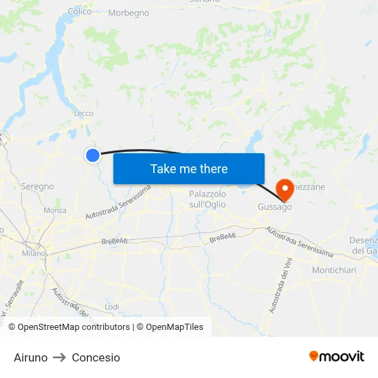 Airuno to Concesio map