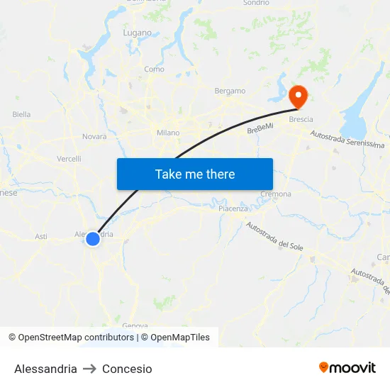 Alessandria to Concesio map