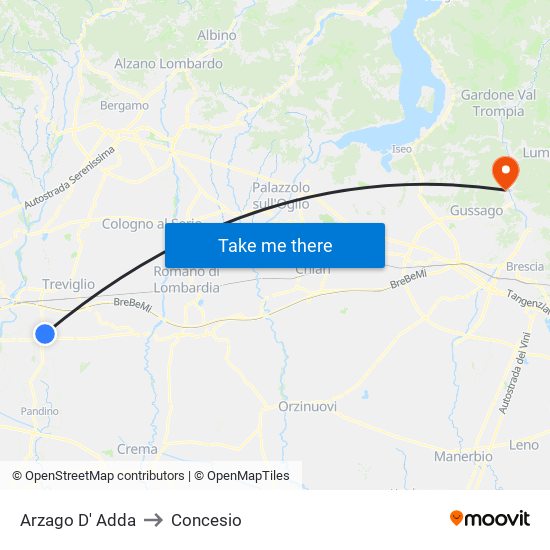 Arzago D' Adda to Concesio map