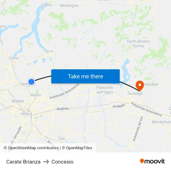 Carate Brianza to Concesio map