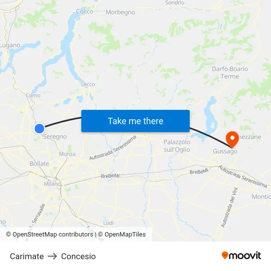 Carimate to Concesio map