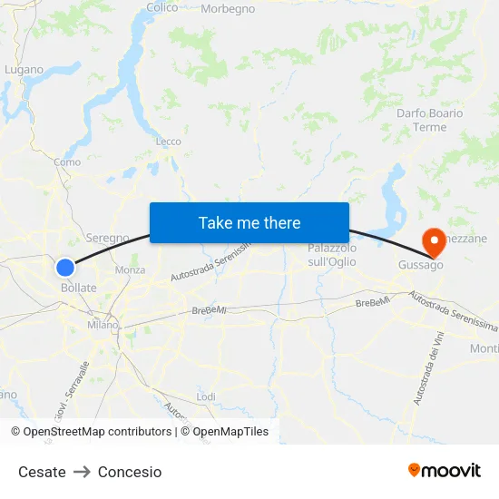 Cesate to Concesio map