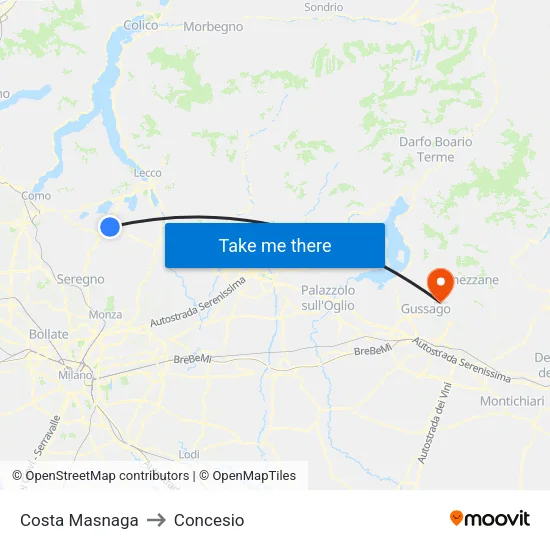 Costa Masnaga to Concesio map