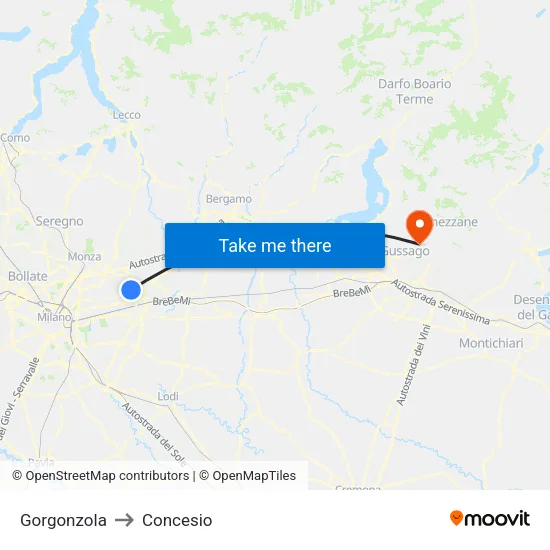 Gorgonzola to Concesio map