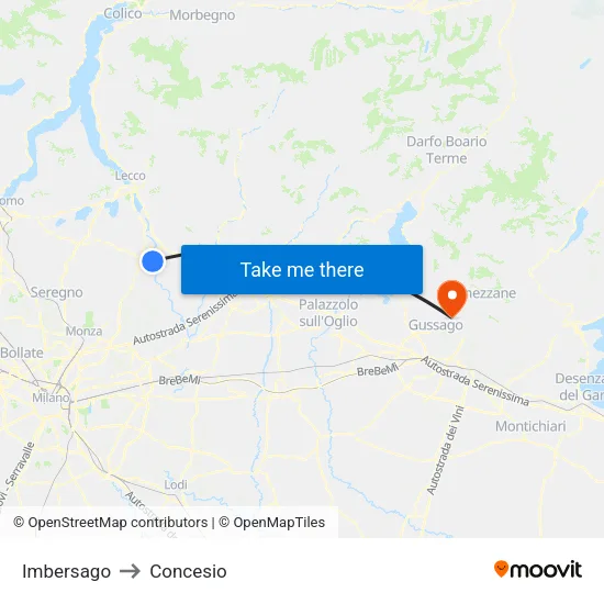 Imbersago to Concesio map