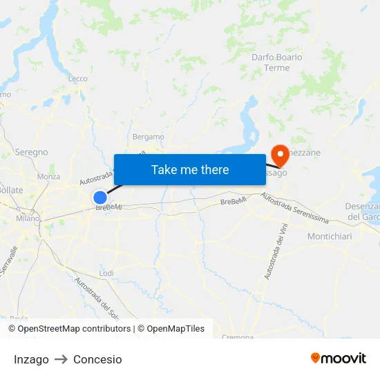 Inzago to Concesio map