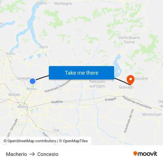 Macherio to Concesio map