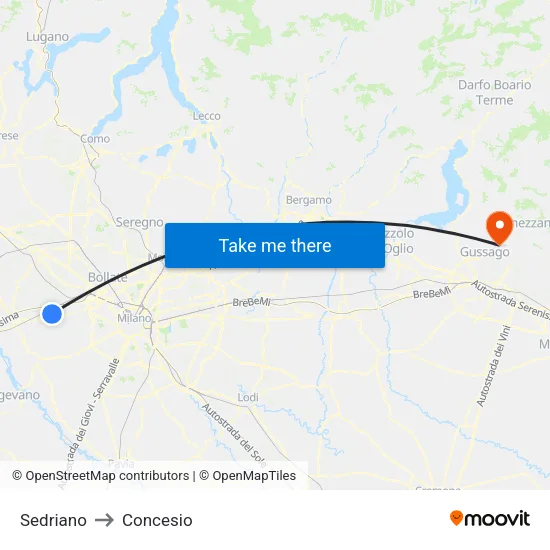 Sedriano to Concesio map
