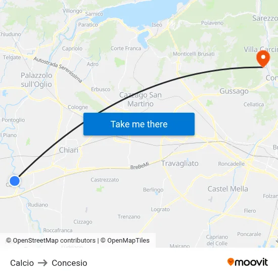 Calcio to Concesio map