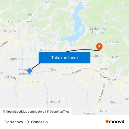 Cortenova to Concesio map