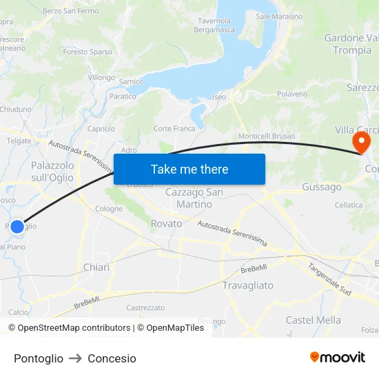Pontoglio to Concesio map