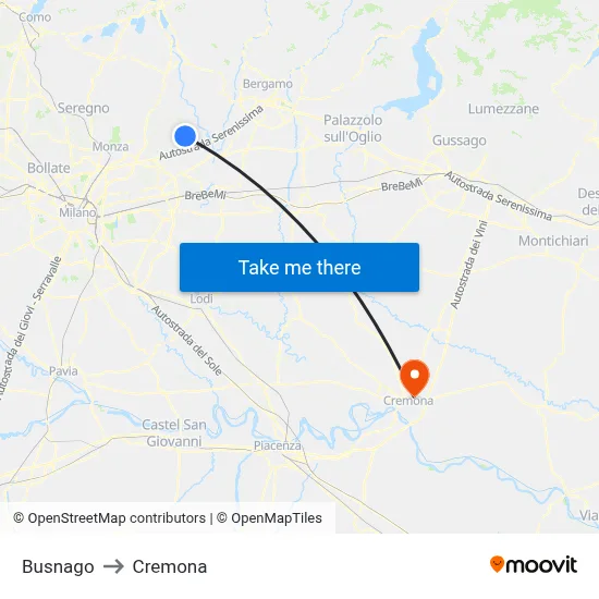 Busnago to Cremona map
